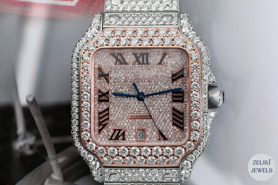 Bust-down diamond watch with blue diamond crown bezel, perfect for those who seek a bold and luxurious design.
