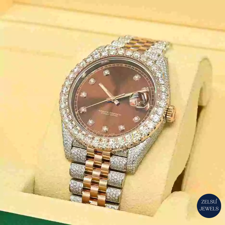 Luxury two-tone moissanite watch with a brown crystal bezel, combining modern elegance with refined design.