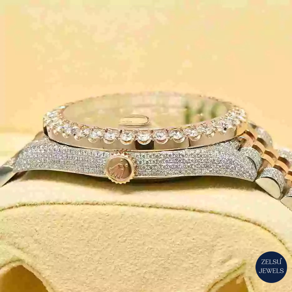 Luxury two-tone moissanite watch with a brown crystal bezel, combining modern elegance with refined design.