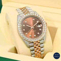 Sophisticated two-tone moissanite watch with brown crystal bezel, offering an elegant and unique timepiece.