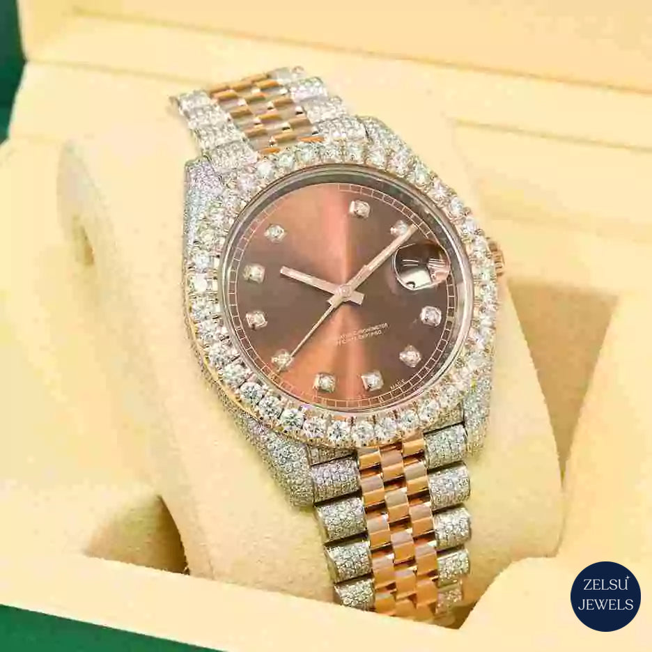 Sophisticated two-tone moissanite watch with brown crystal bezel, offering an elegant and unique timepiece.