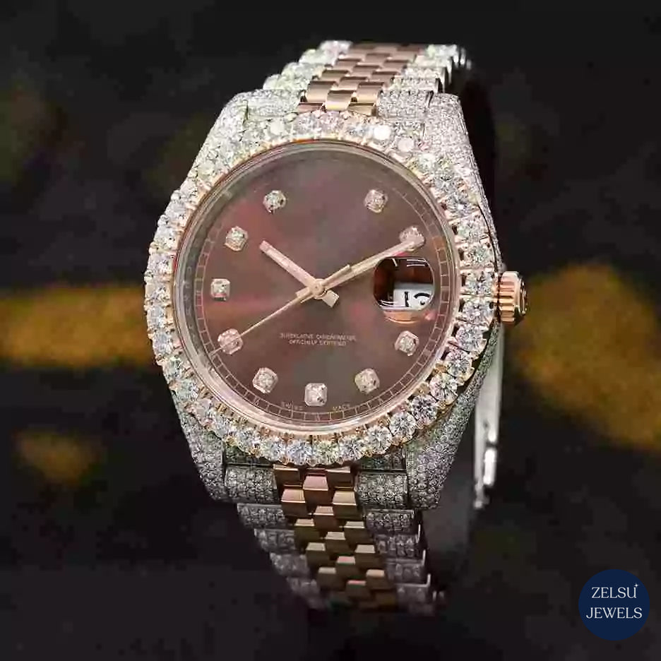 Timeless two-tone moissanite watch with a striking brown crystal bezel, ideal for high-end collectors and fashion lovers.