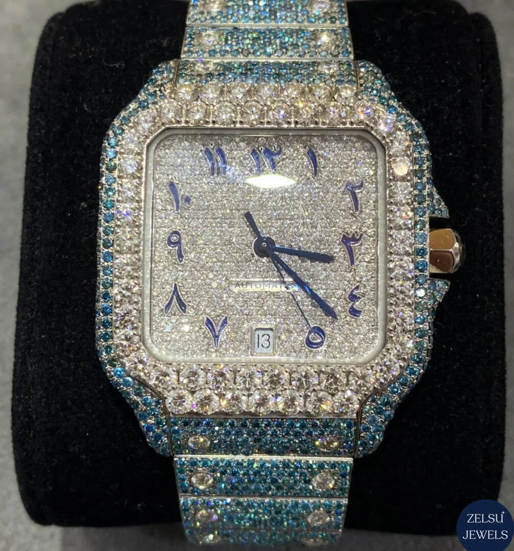 Luxury green diamond moissanite watch with a bold, hip-hop inspired design, offering a unique and luxurious style.