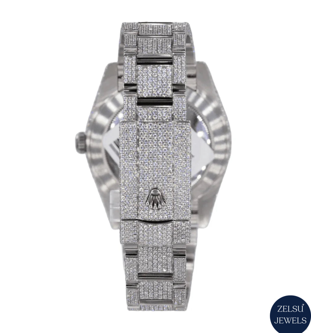 Luxury Rolex moissanite diamond watch for men, featuring a diamond-encrusted bezel and Swiss precision.