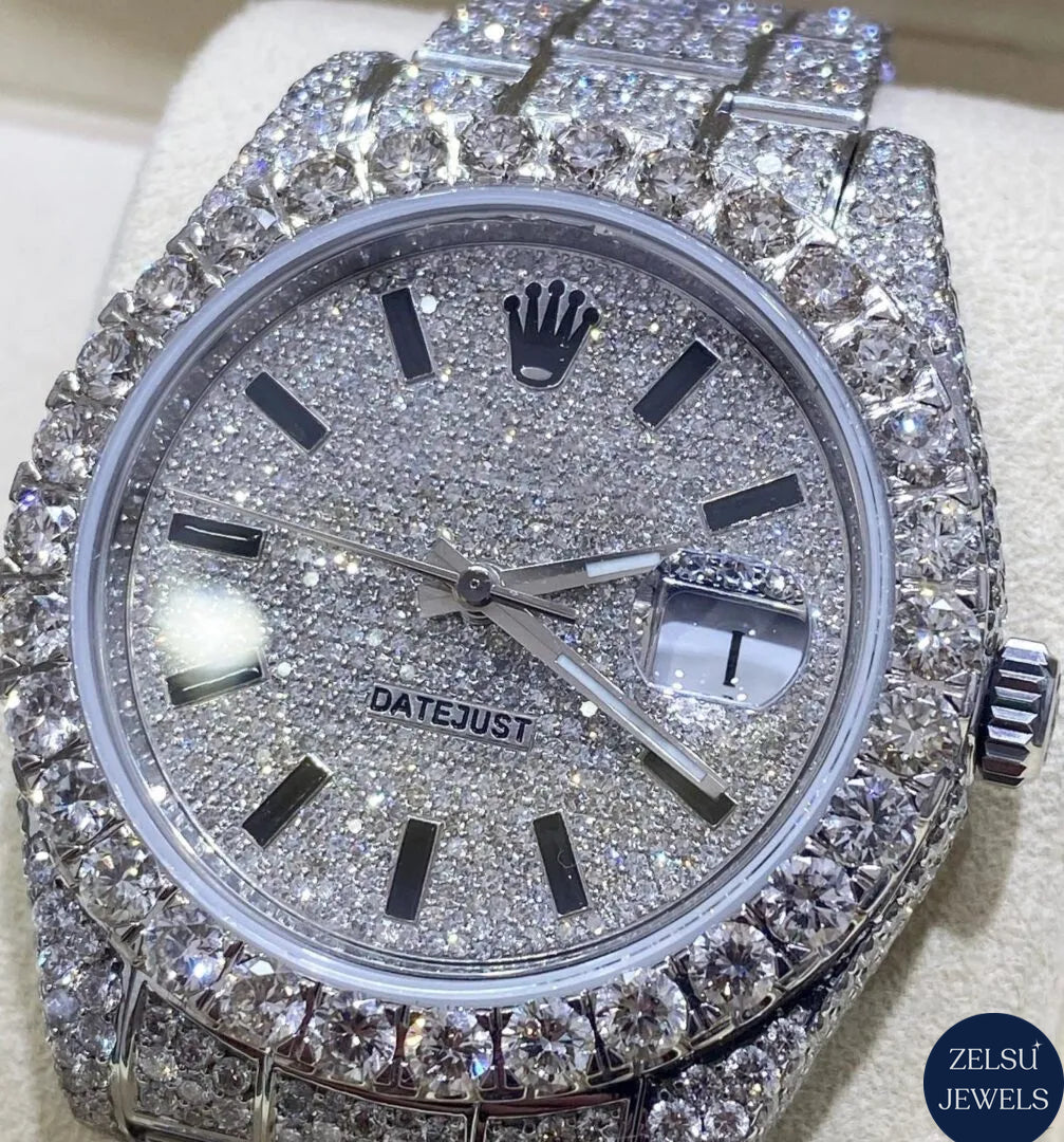 Rolex men's watch with moissanite diamonds and a diamond bezel, perfect for those who appreciate luxury and precision.