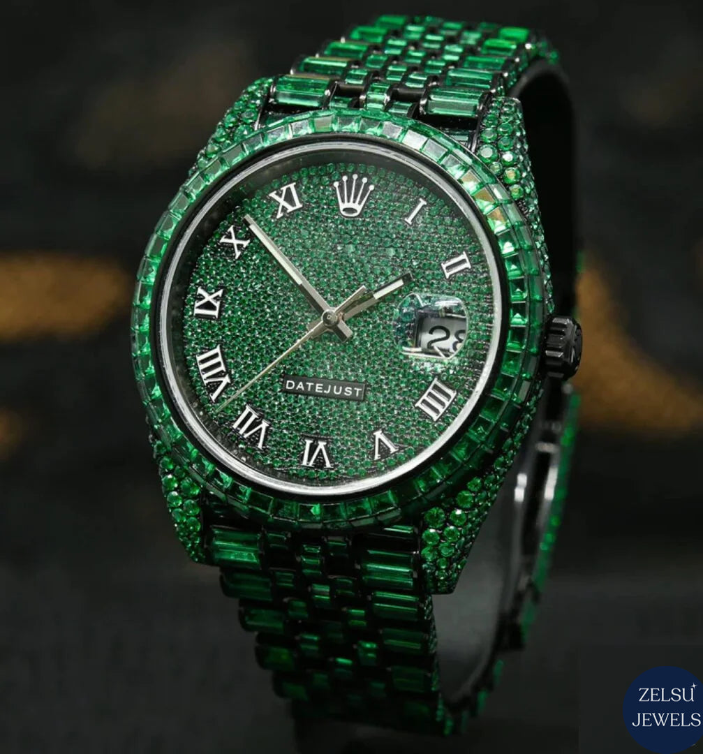 Luxury green Rolex diamond wrist watch, combining stunning green diamonds with Swiss precision and craftsmanship.