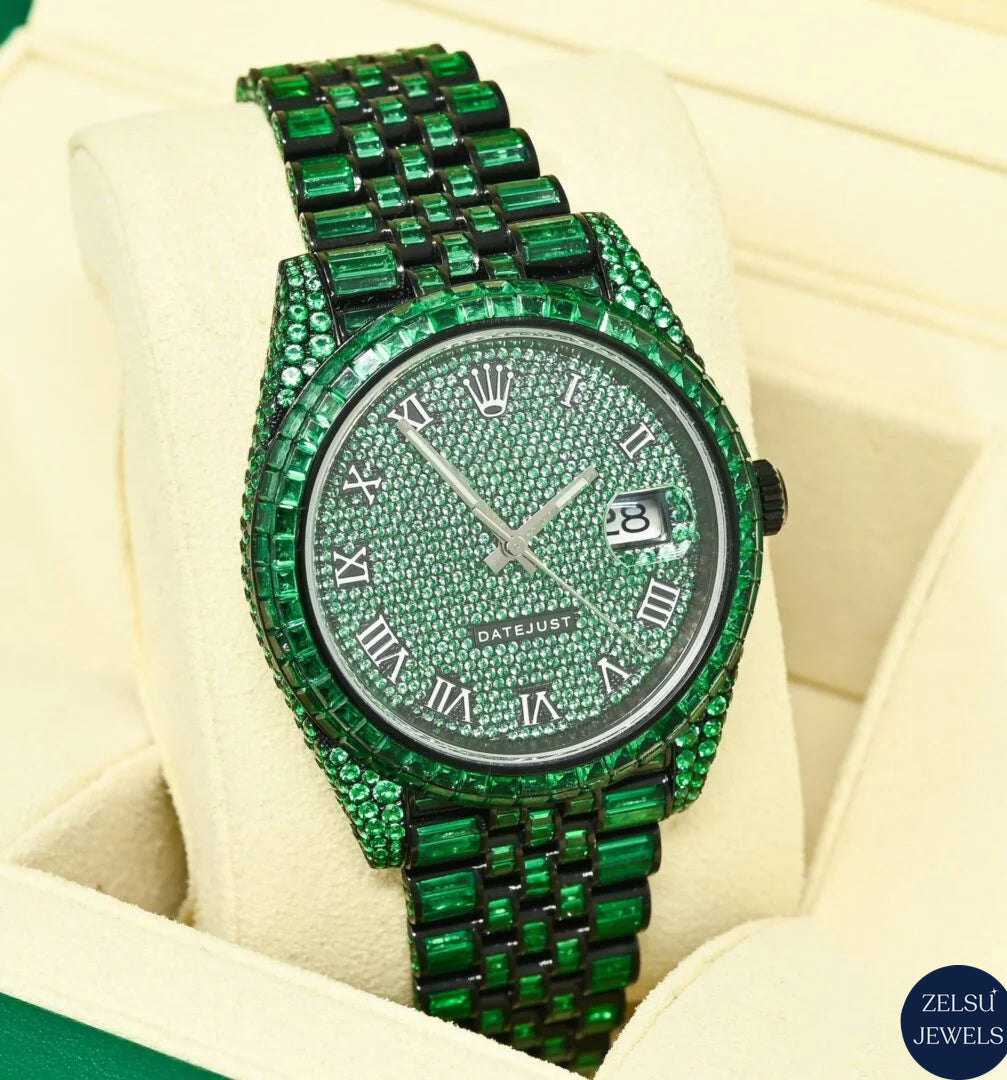 Luxury green Rolex diamond wrist watch, combining stunning green diamonds with Swiss precision and craftsmanship.