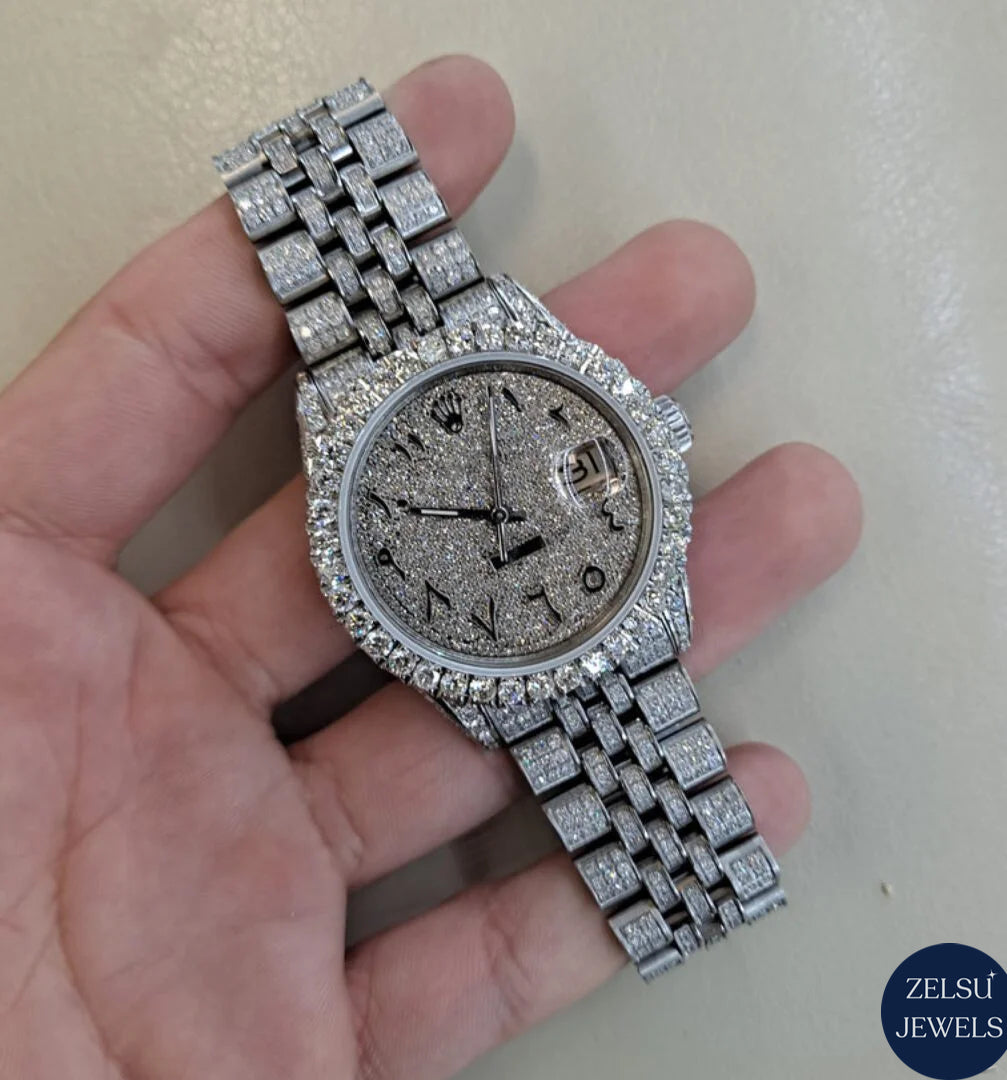Rolex-style silver diamond watch with sparkling diamonds and sophisticated design.
