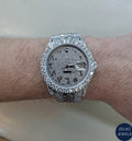 Luxury Rolex-inspired silver diamond watch, featuring radiant diamonds and precision engineering.