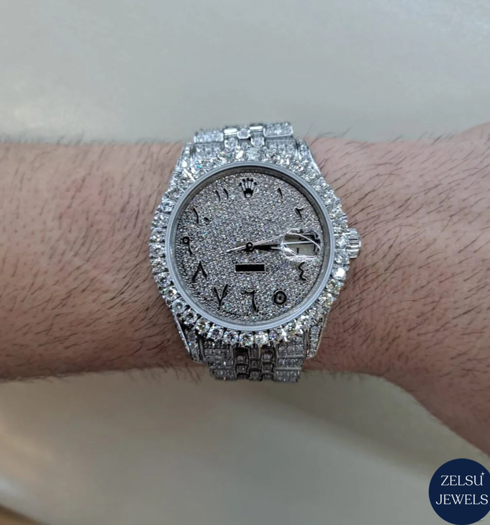 Luxury Rolex-inspired silver diamond watch, featuring radiant diamonds and precision engineering.