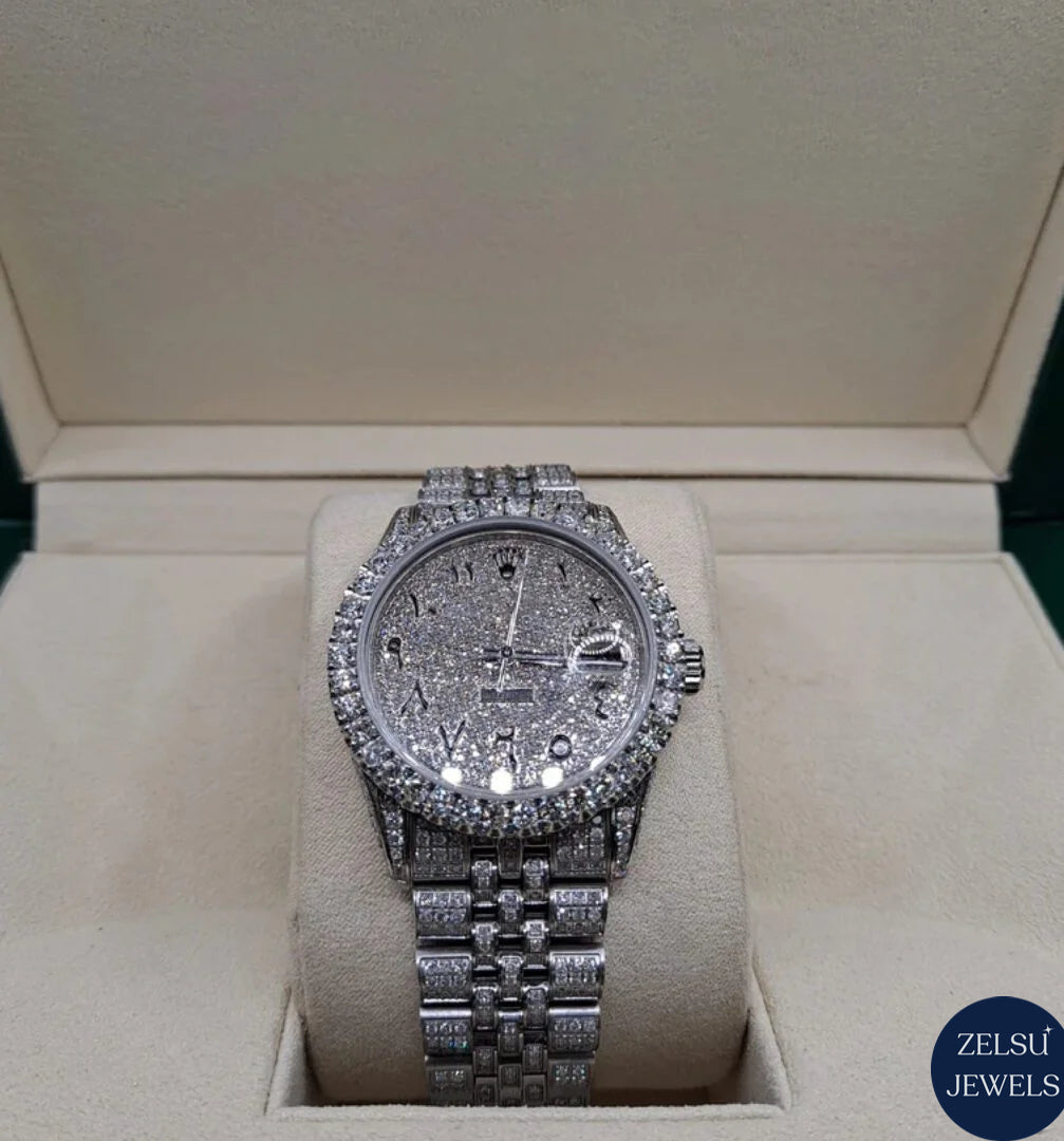 Timeless silver Rolex-inspired diamond watch, combining luxury, precision, and stunning diamonds.