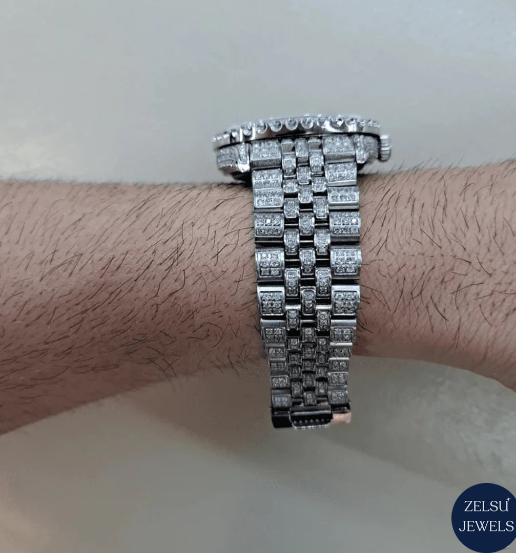 Rolex-inspired silver diamond watch with impeccable design and dazzling diamond accents.
