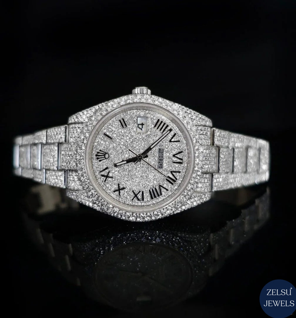 Stunning Rolex silver bust-down diamond watch, featuring radiant diamonds for a bold luxury timepiece.