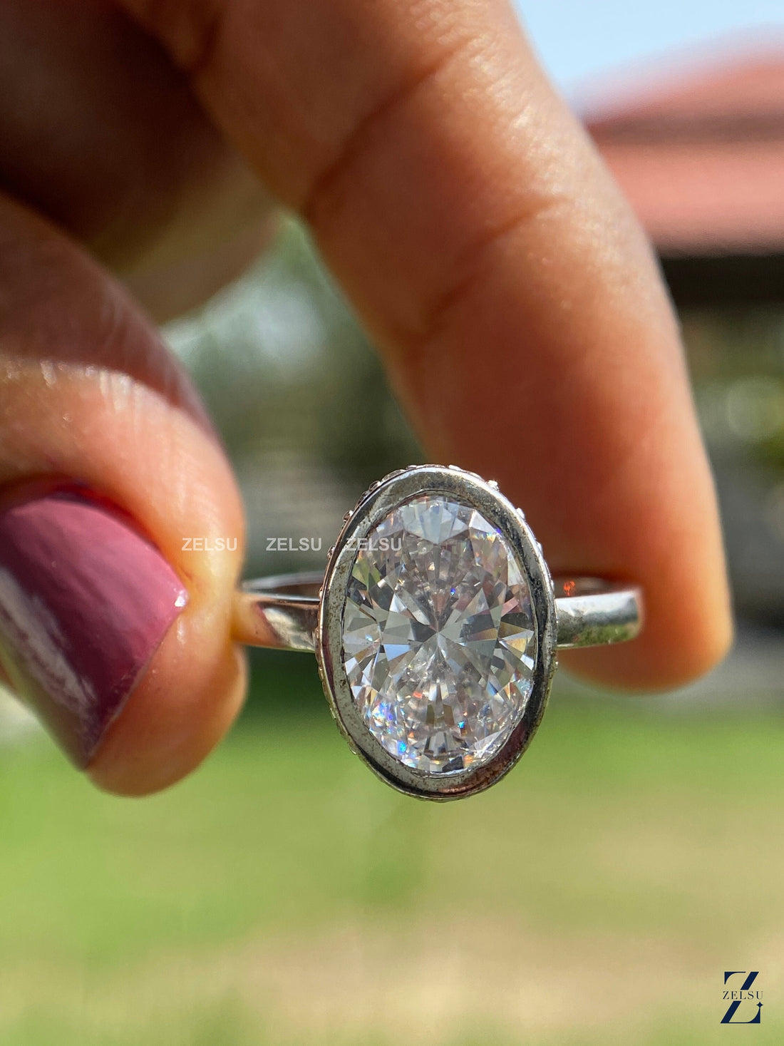 3.10 CT Oval Moissanite Hidden Halo Engagement Ring - Bezel Set