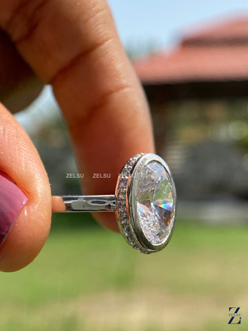 3.10 CT Oval Moissanite Hidden Halo Engagement Ring - Bezel Set