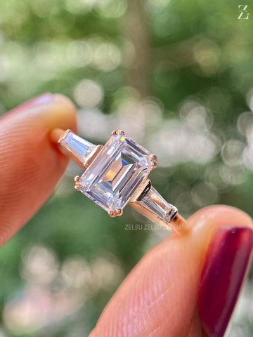 Emerald Tapered Baguette Moissanite Three Stone White Gold Ring