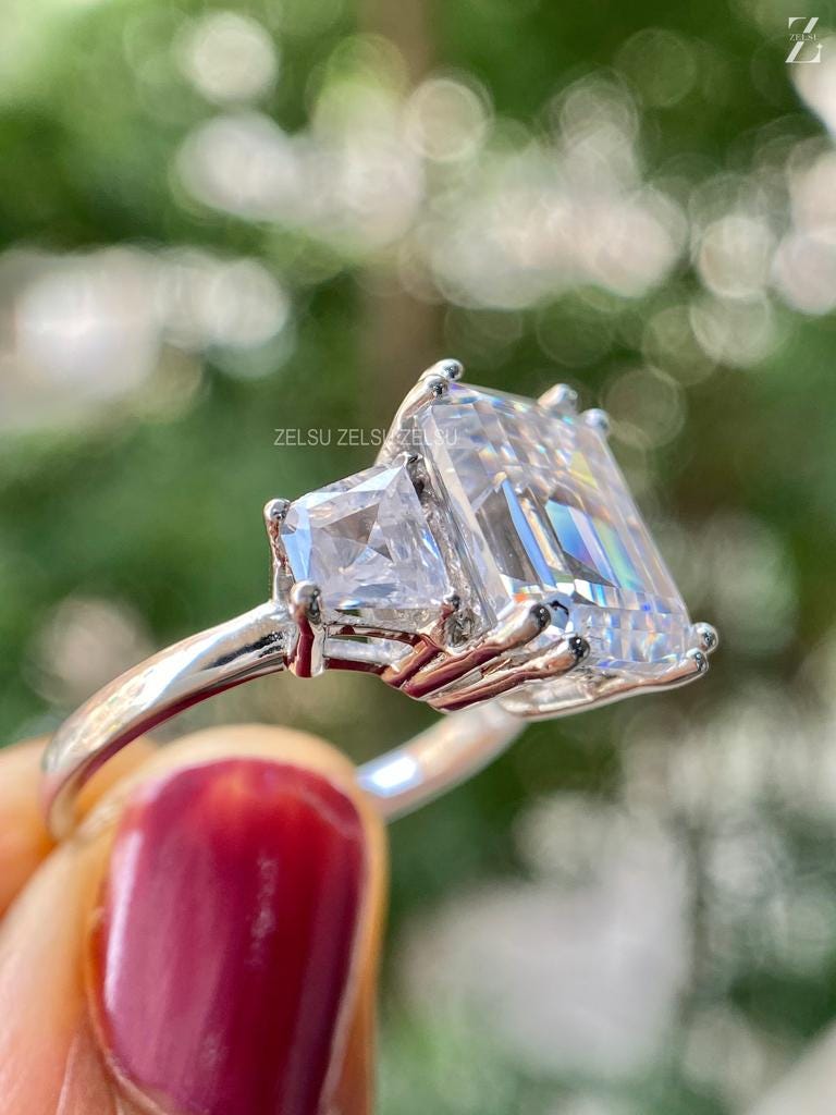 5.52TW Emerald Cut Moissanite Three Stone Engagement Ring for Her