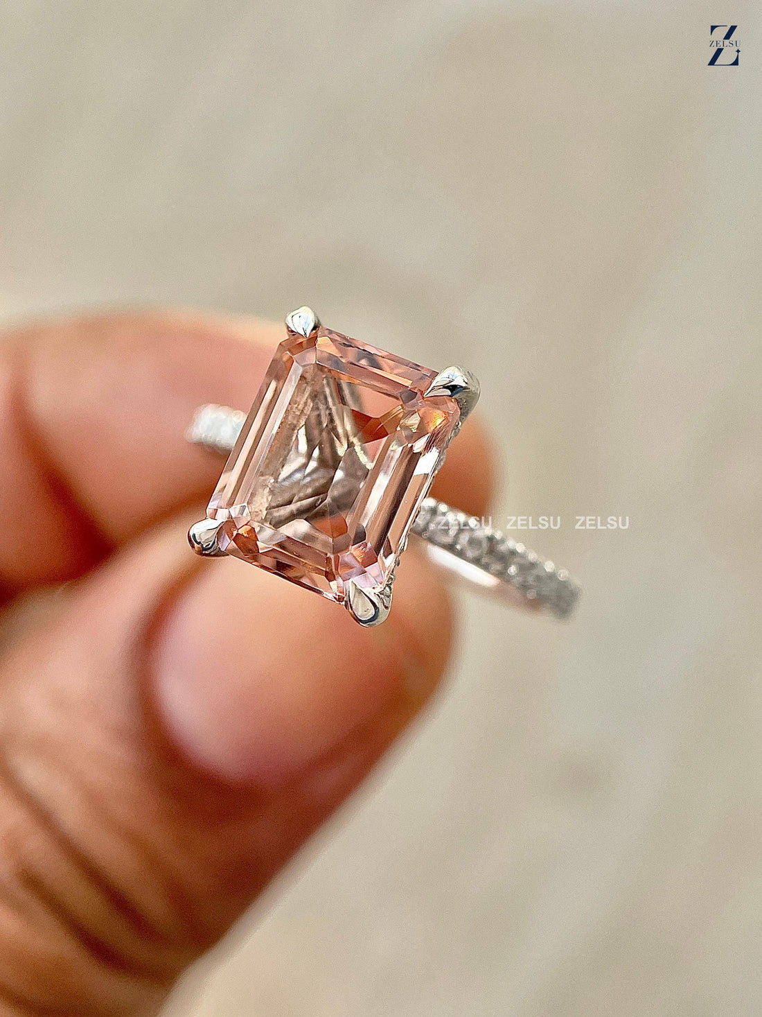 Peach Morganite Emerald Engagement Ring - 14K White Gold Hidden Halo