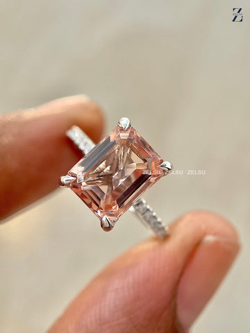 Peach Morganite Emerald Engagement Ring - 14K White Gold Hidden Halo