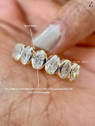 Bezel Set Oval Moissanite Wedding Band - Full Eternity Gold Ring