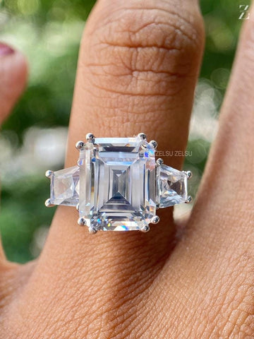 5.52TW Emerald Cut Moissanite Three Stone Engagement Ring for Her